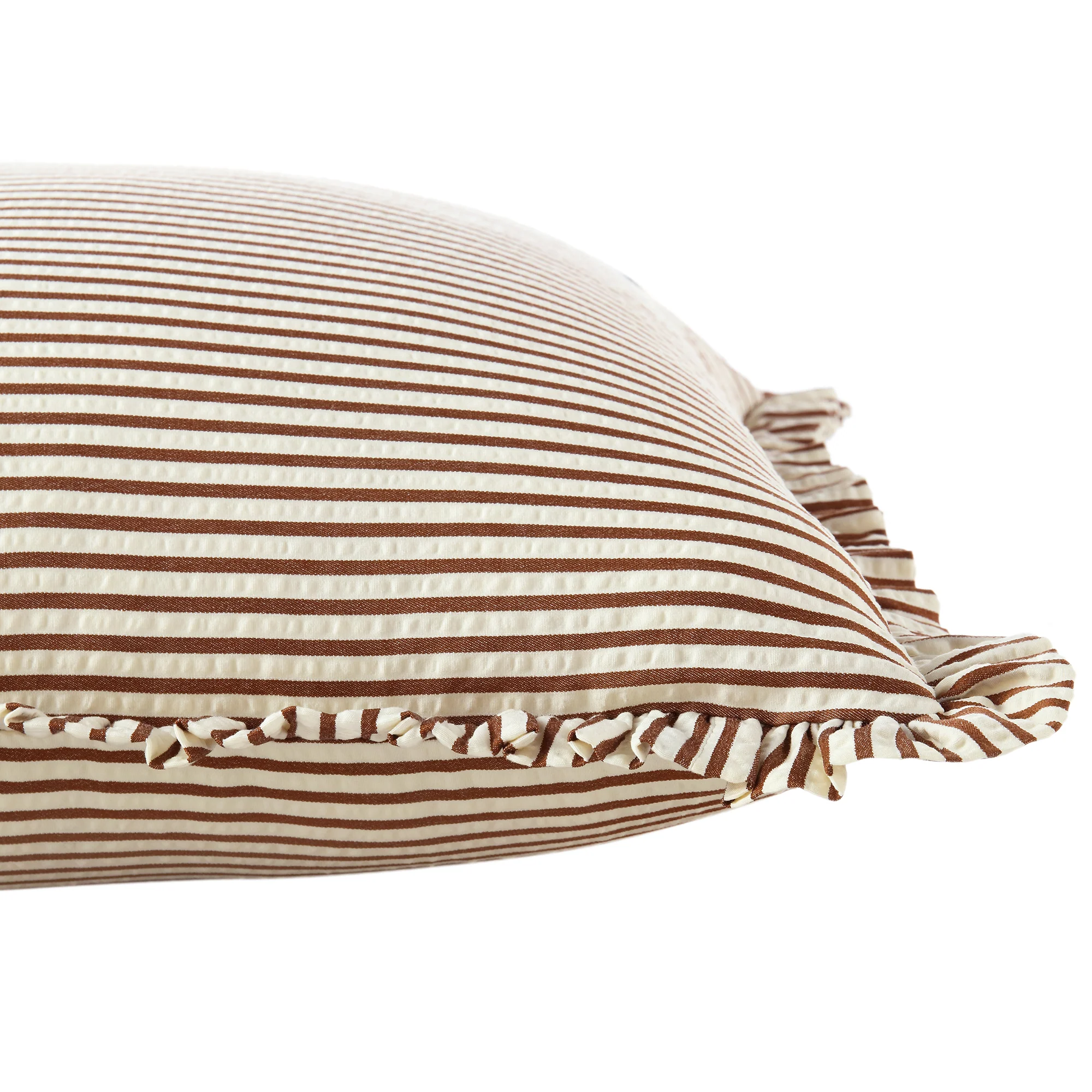Iris Ticking Brown Stripe Seersucker Frill Cushion - Image 4