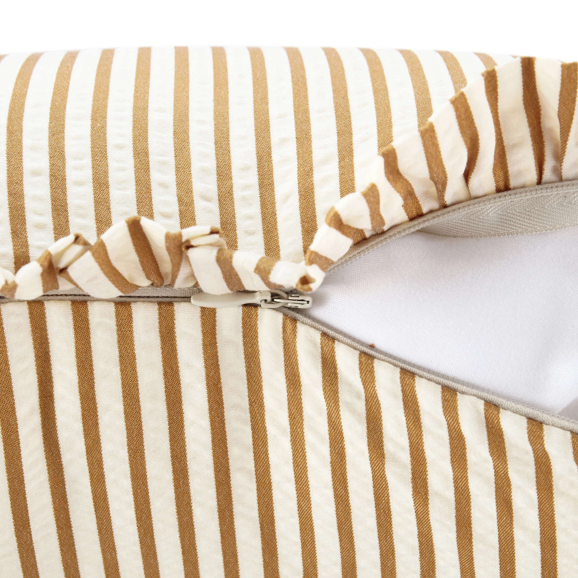 Iris Ticking Yellow Stripe Seersucker Frill Cushion - Image 5