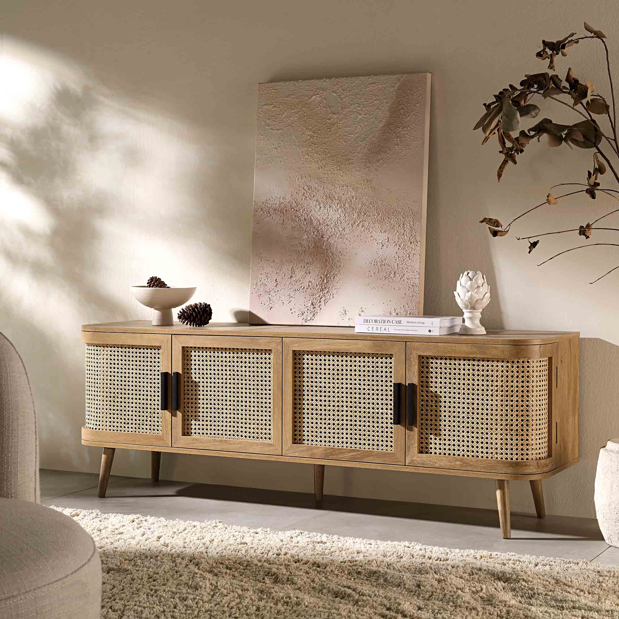 Izzy Curved Rattan 160cm Wide TV Unit, Natural