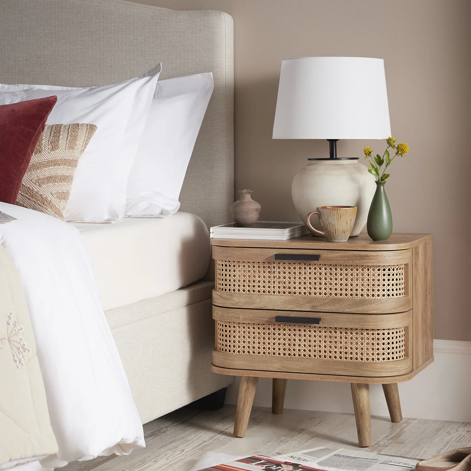 Izzy Curved Rattan 2-Drawer Bedside Table, Natural