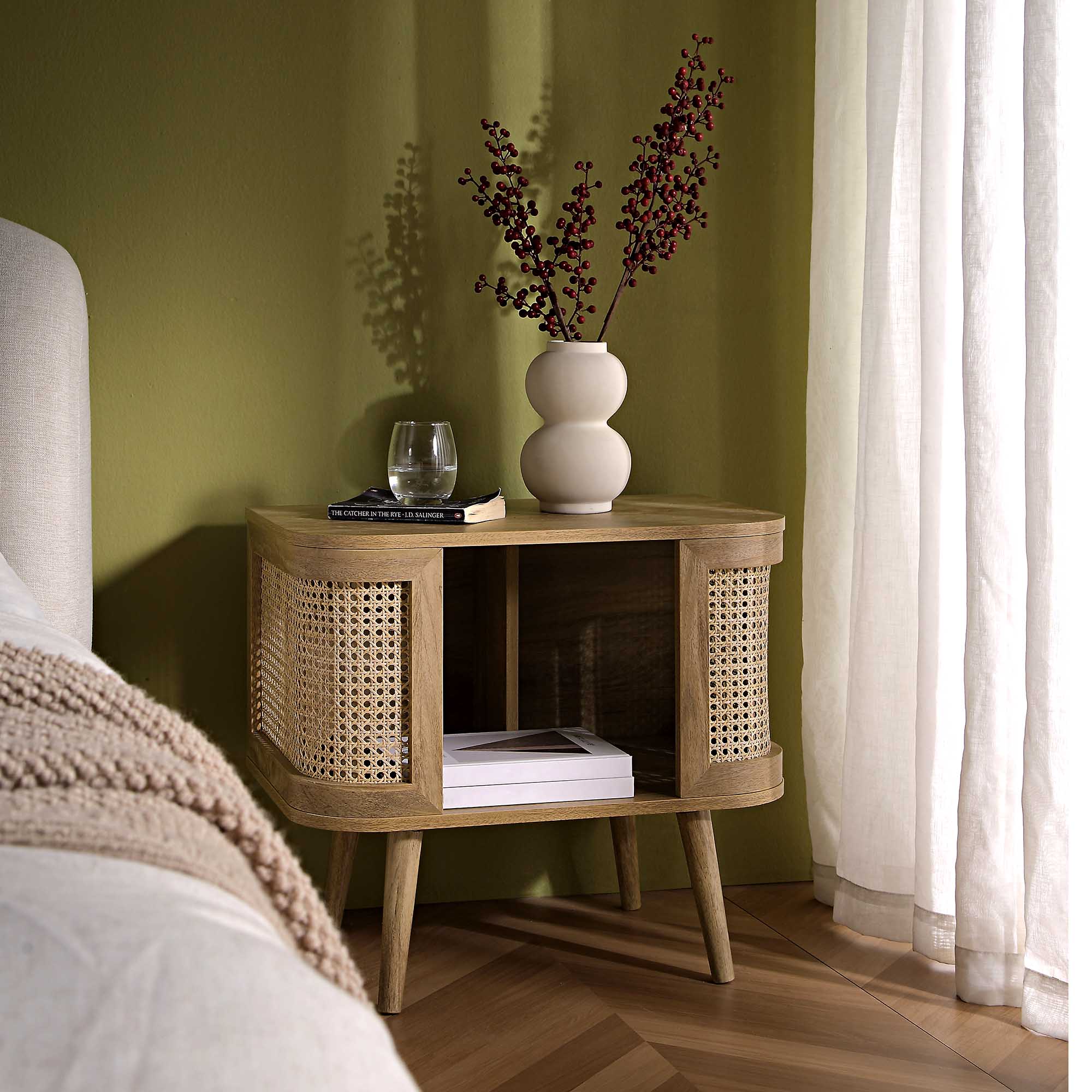 Izzy Curved Rattan Bedside Table, Natural
