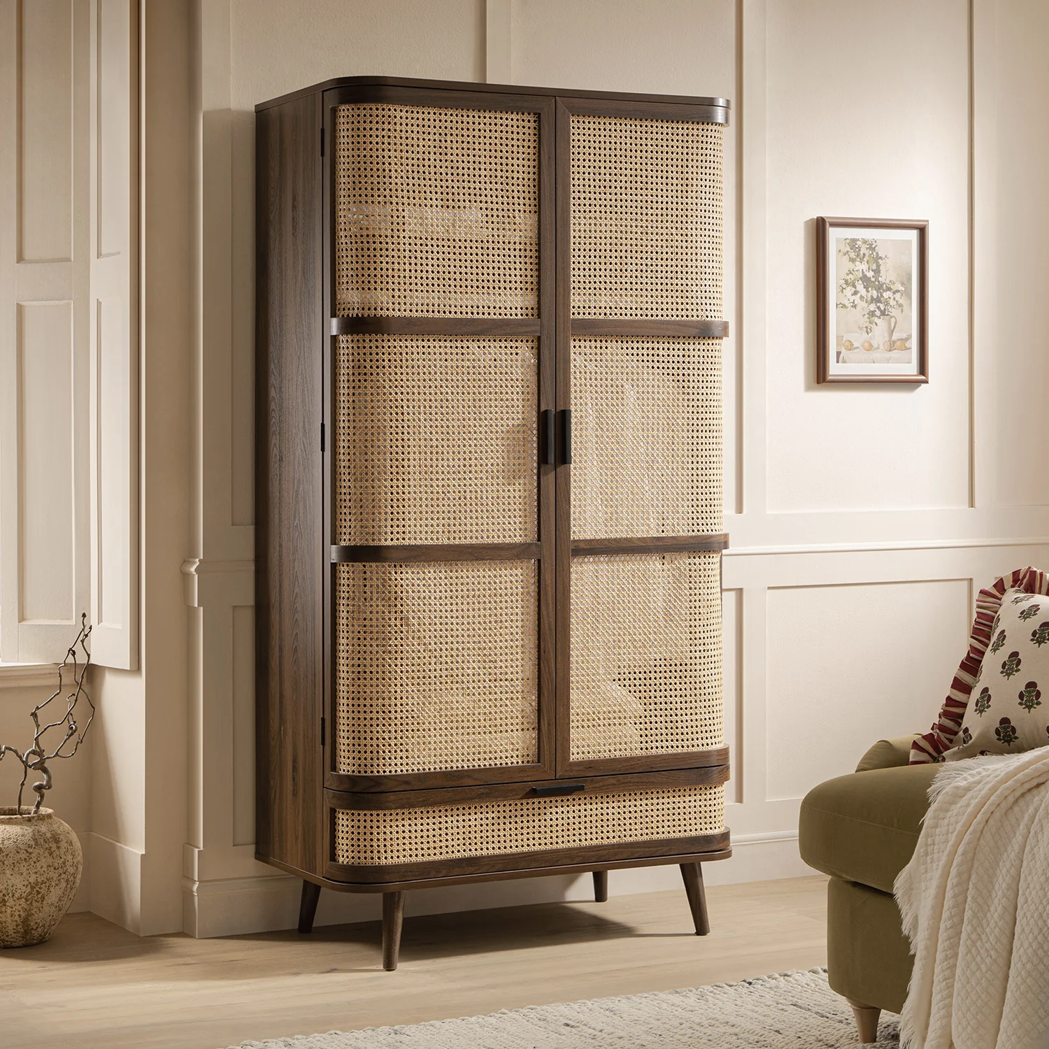 Izzy Curved Rattan Double Wardrobe, Walnut
