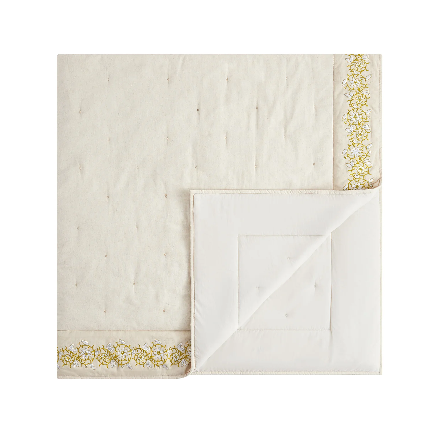 Jasmina Cream Floral Embroidered Quilted Linen Blend Bedspread
