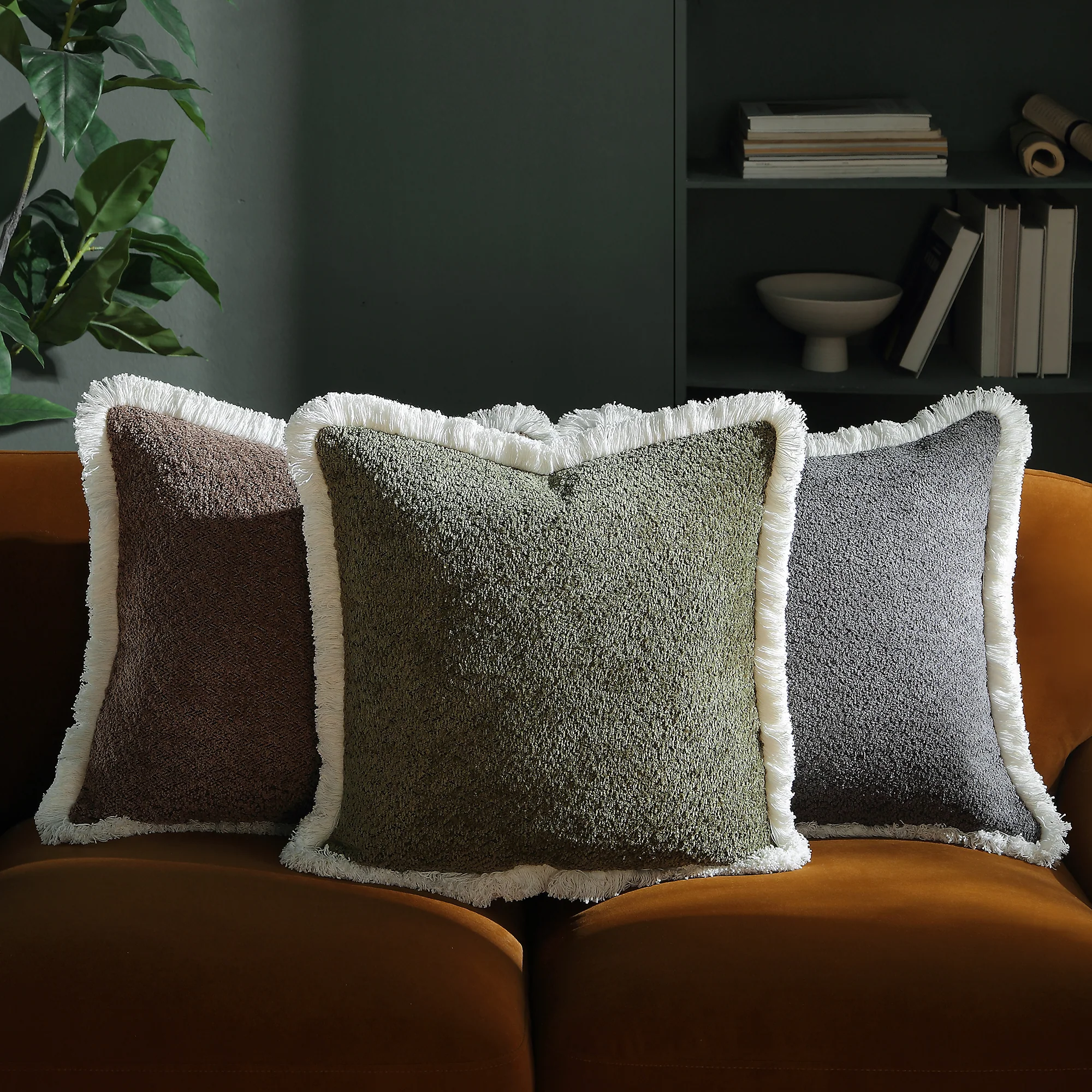Kyra Forest Green Bouclé Fringed Cushion