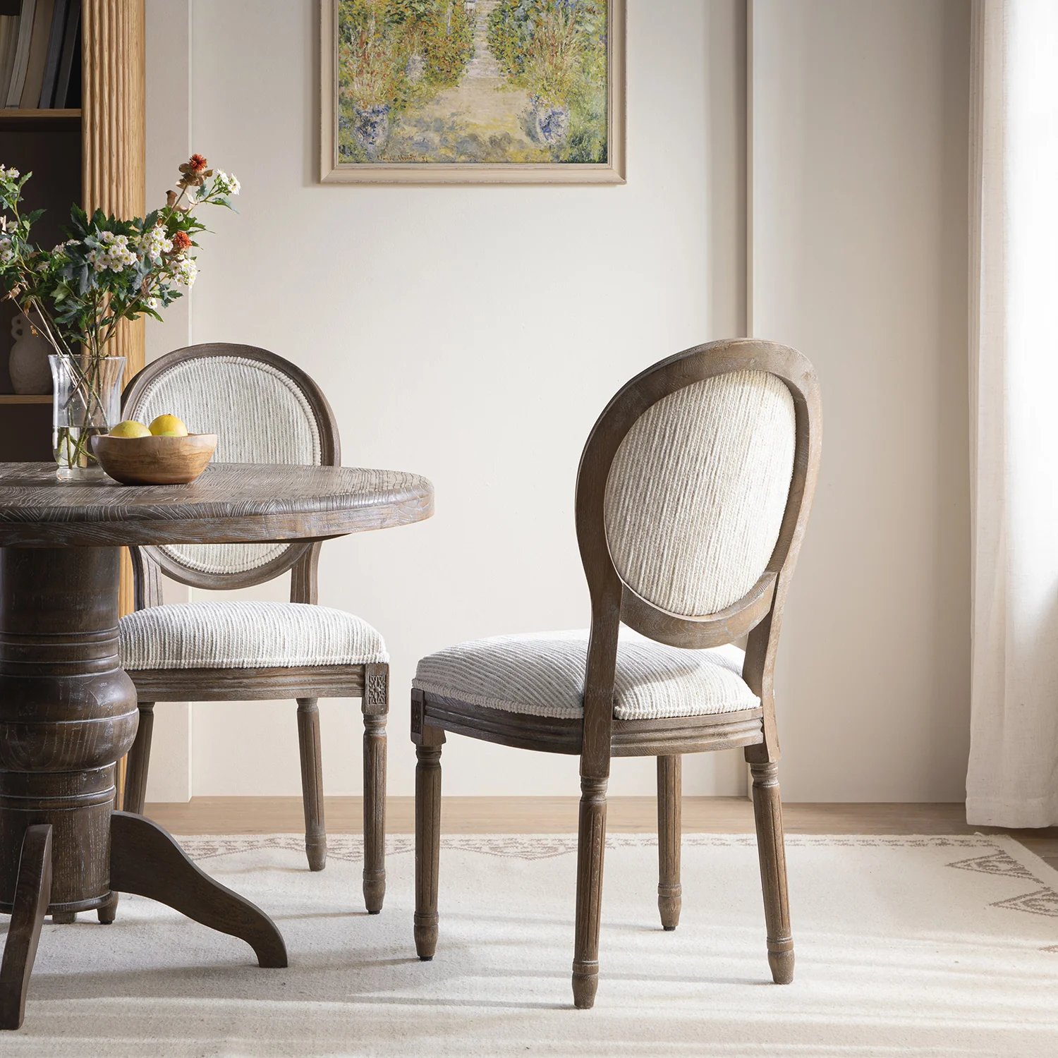 Lainston Set of 2 Classic Weathered Oak Dining Chairs, Beige Textured Fabric