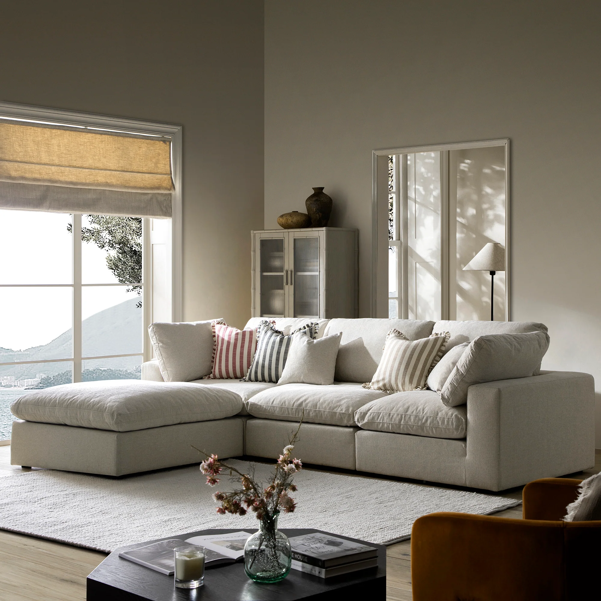 Lutyens Oatmeal Weave Fabric Modular Sofa, 3-Piece Chaise