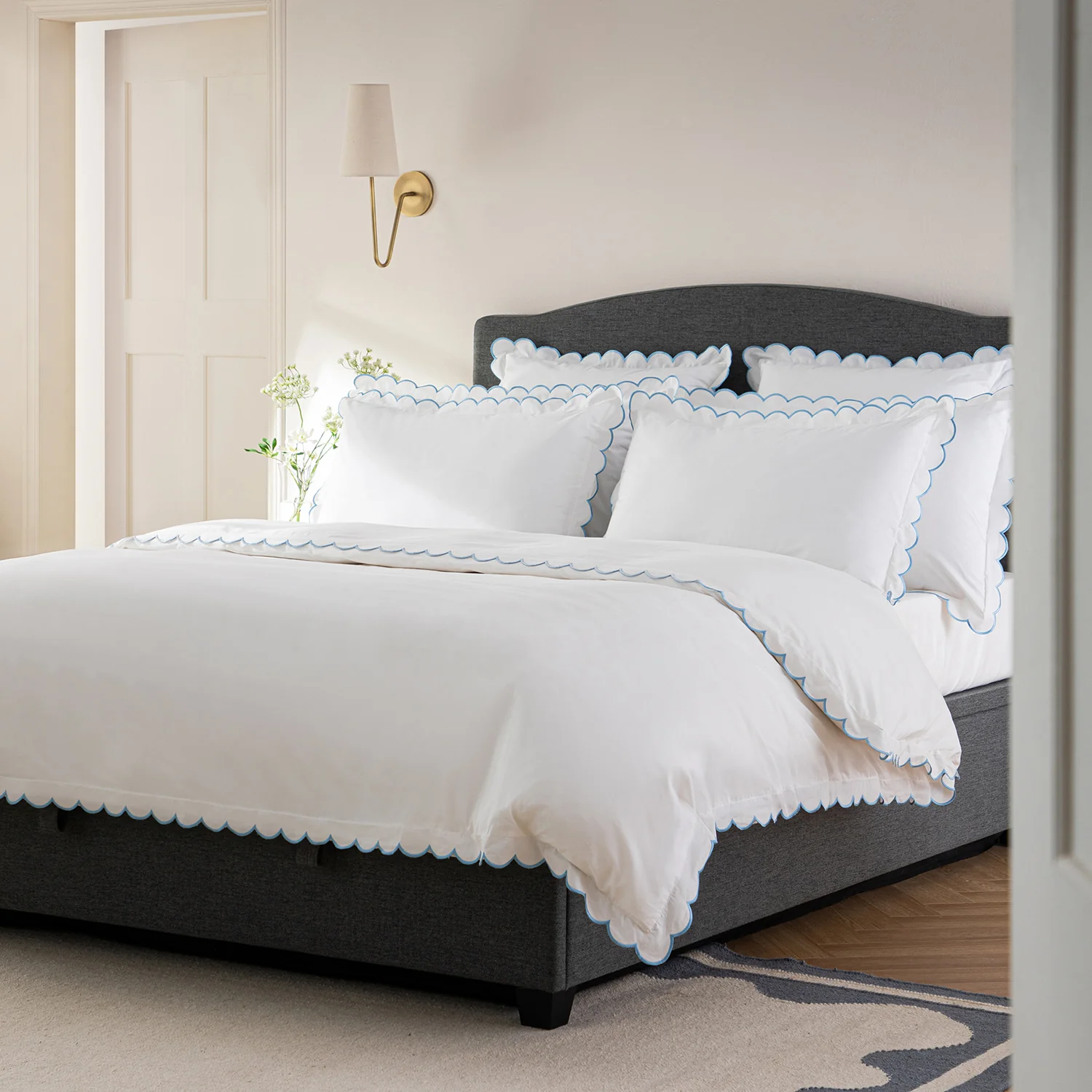 Margot Bluebell Blue Embroidered Scallop 300 Thread Count Cotton Percale Duvet Set