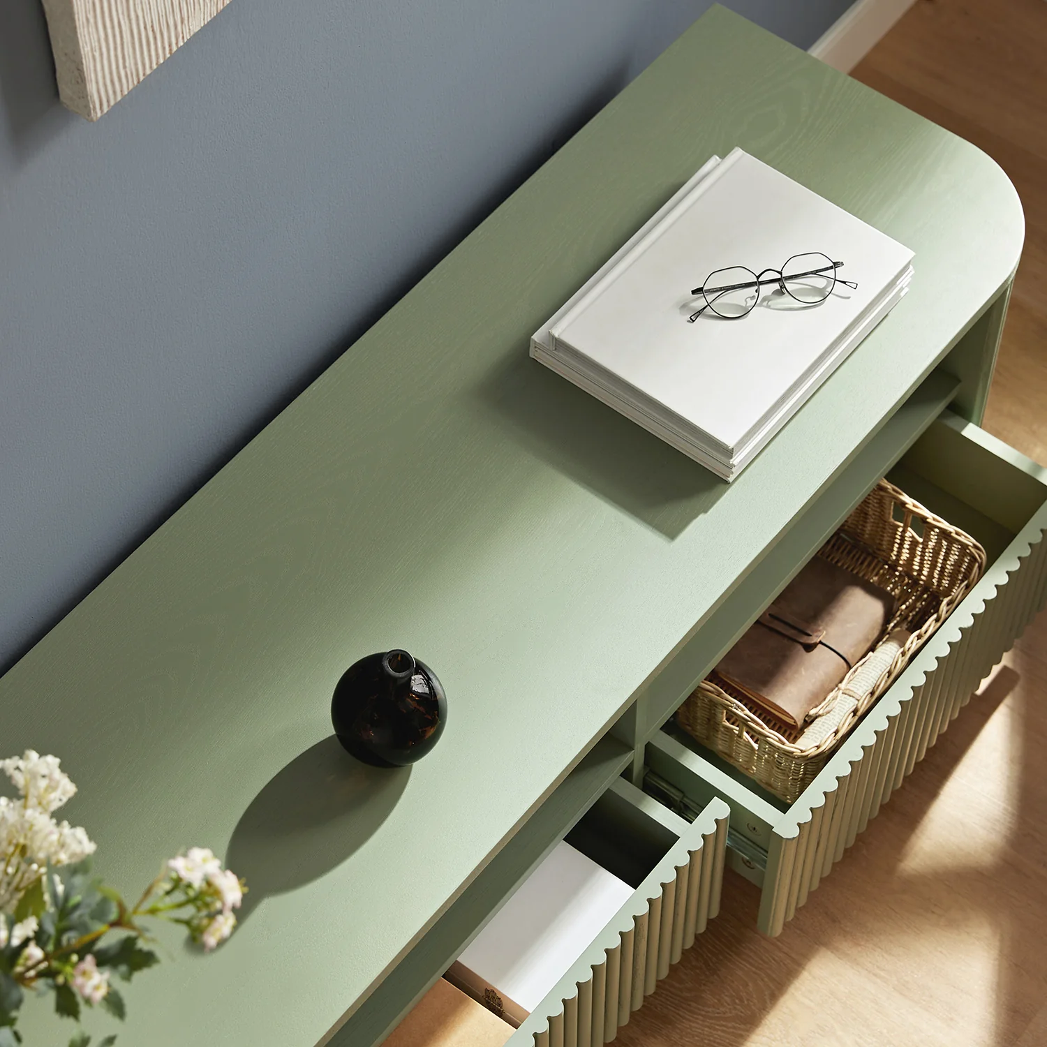 Maru 120cm TV Unit with Drawers, Sage Green - Image 3