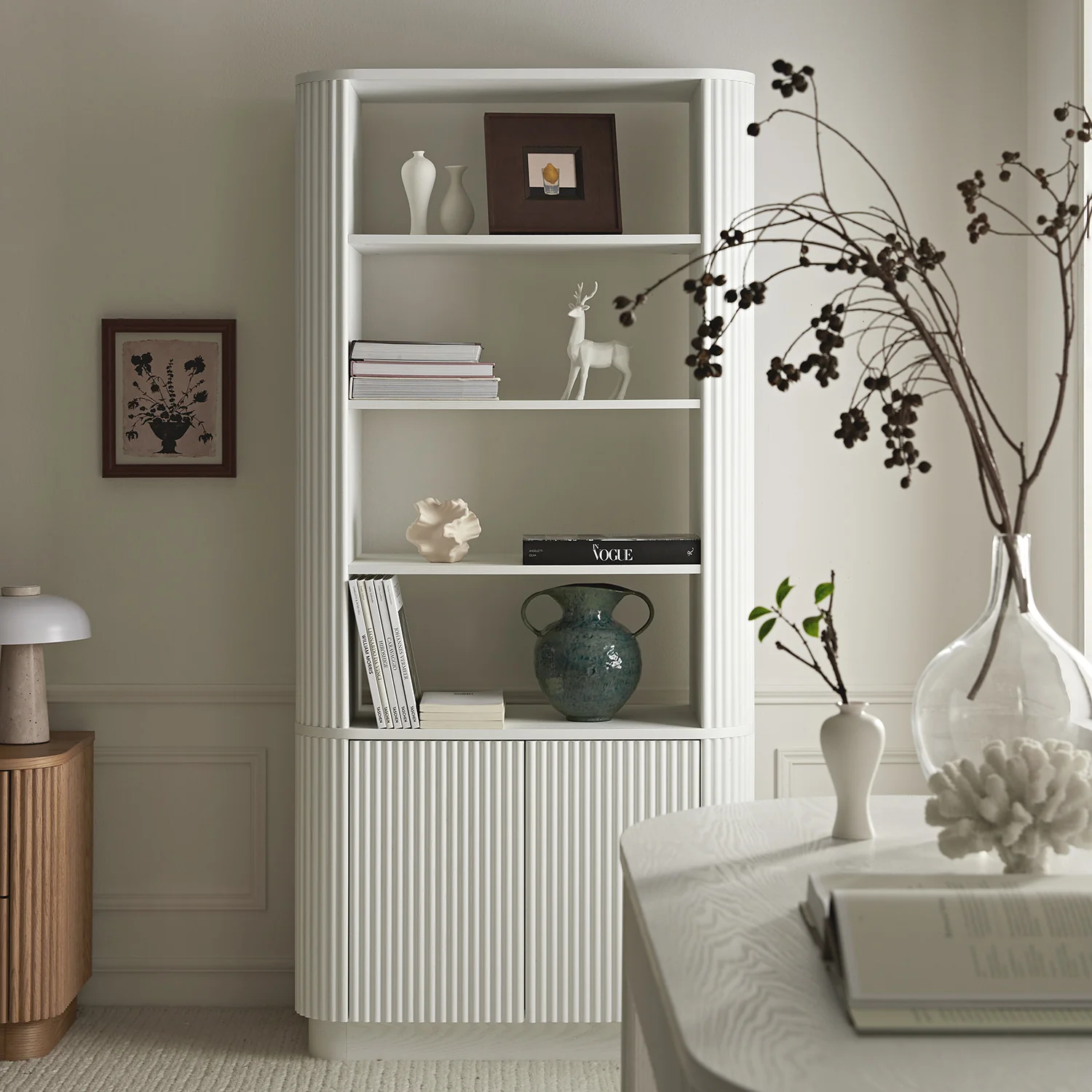Maru Bookcase with Cabinet, Washed White