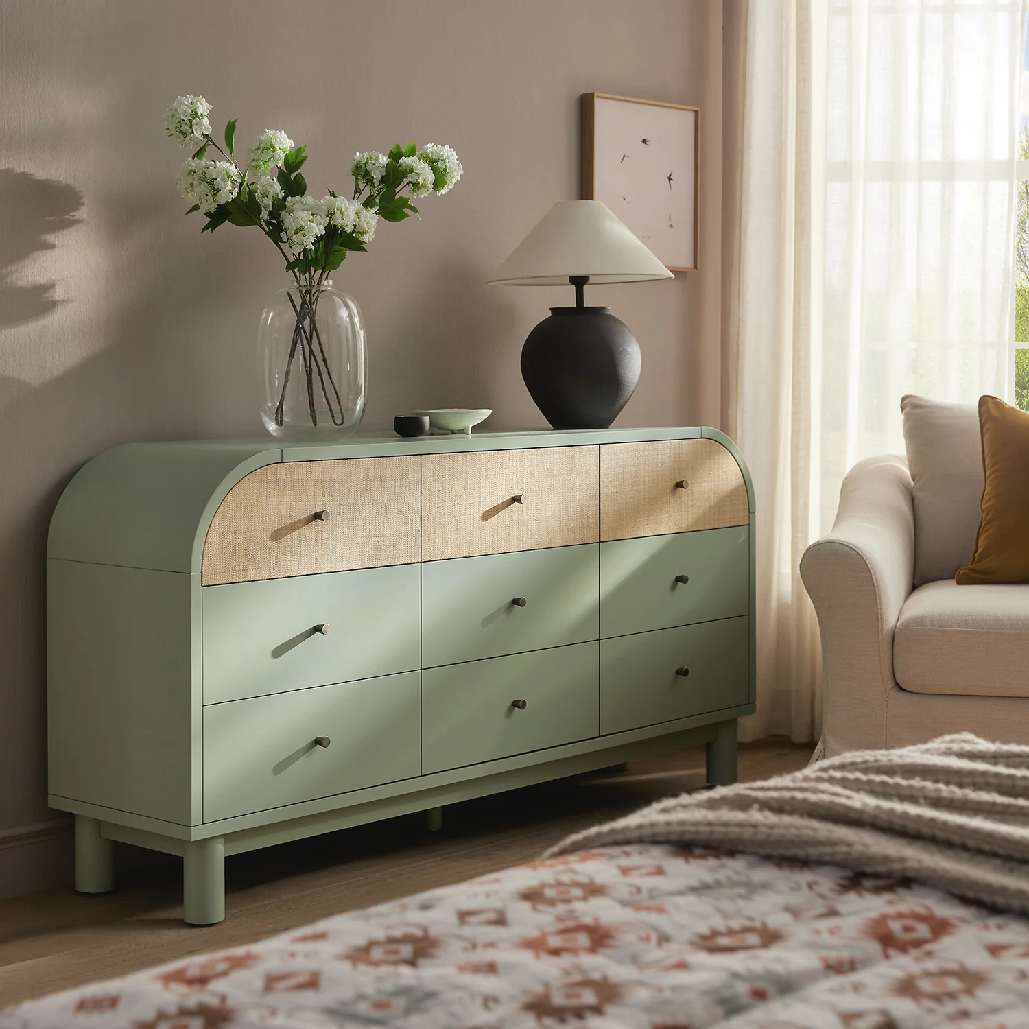Maude 9 Drawer Chest, Muted Pistachio Ash with Raffia