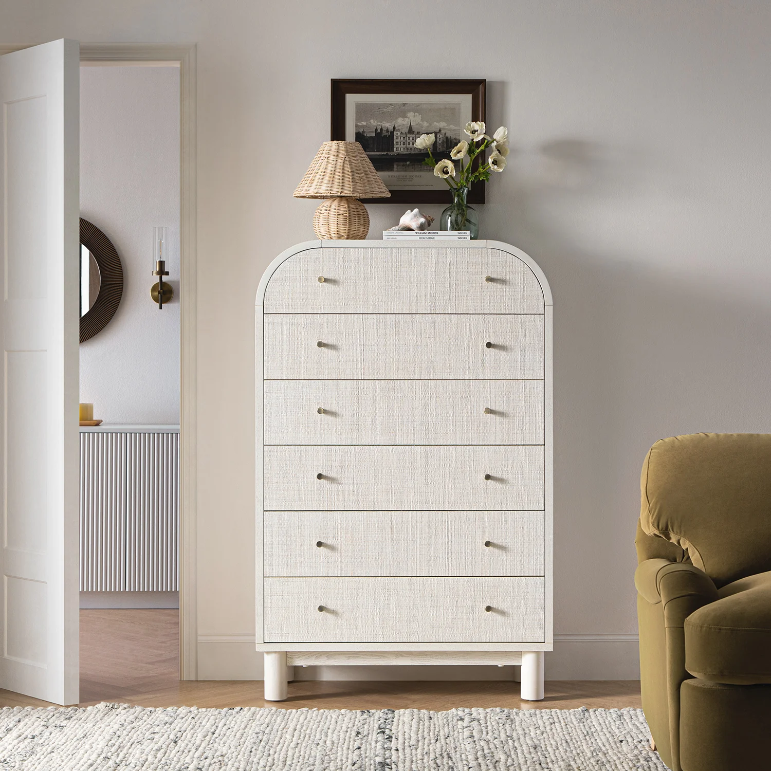 Maude Tall Chest, Washed White Ash with Raffia