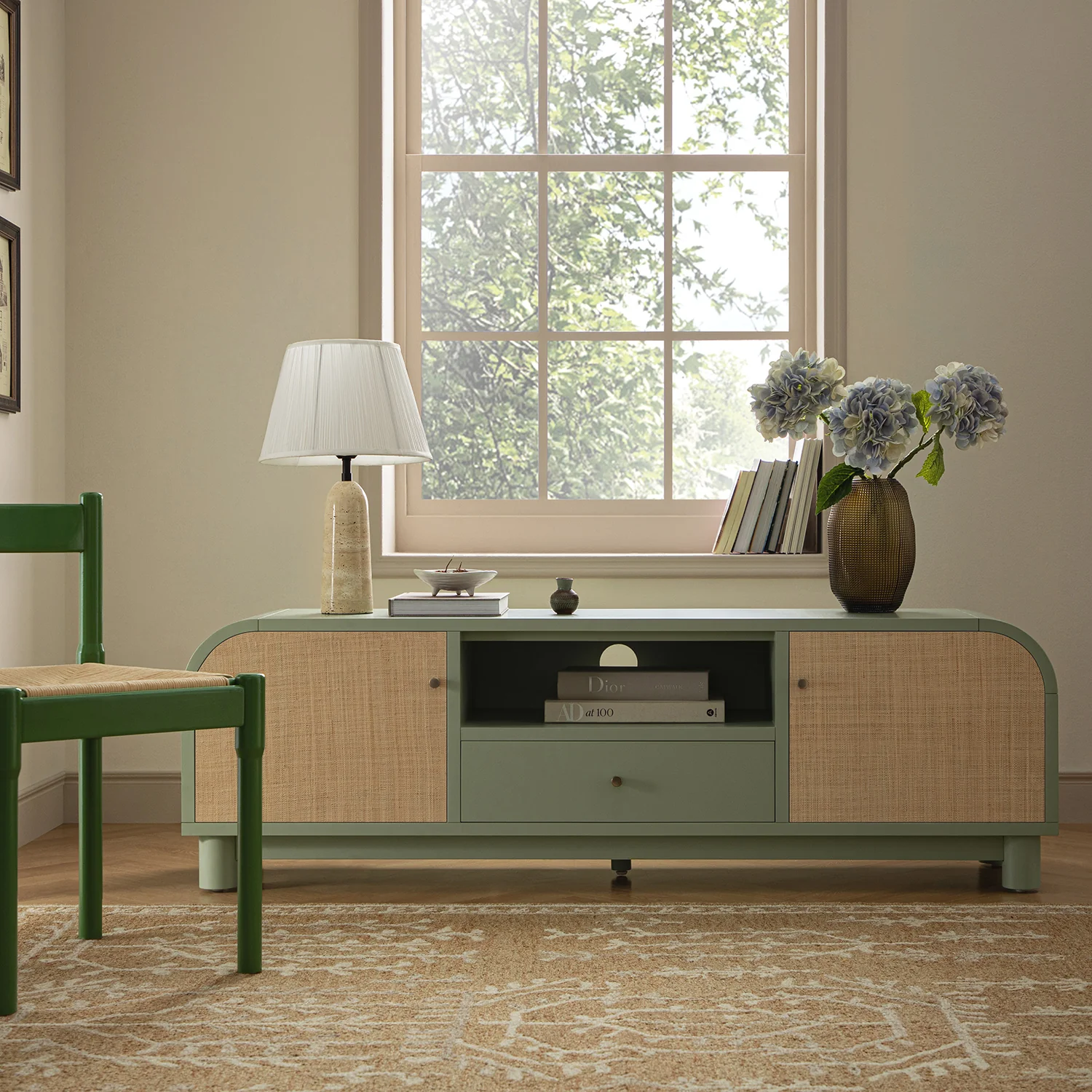Maude TV Unit, Muted Pistachio Ash with Raffia - Image 2