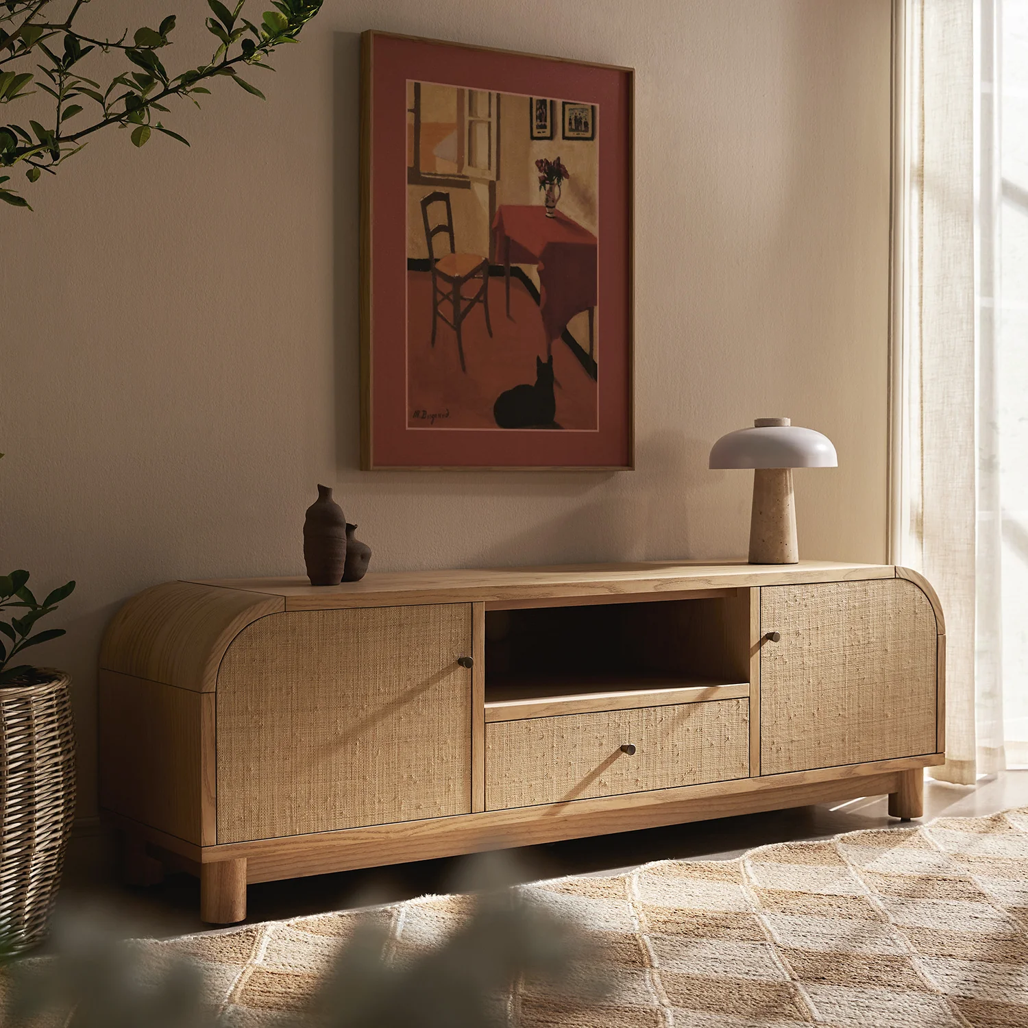 Maude TV Unit, Natural Ash with Raffia - Image 2