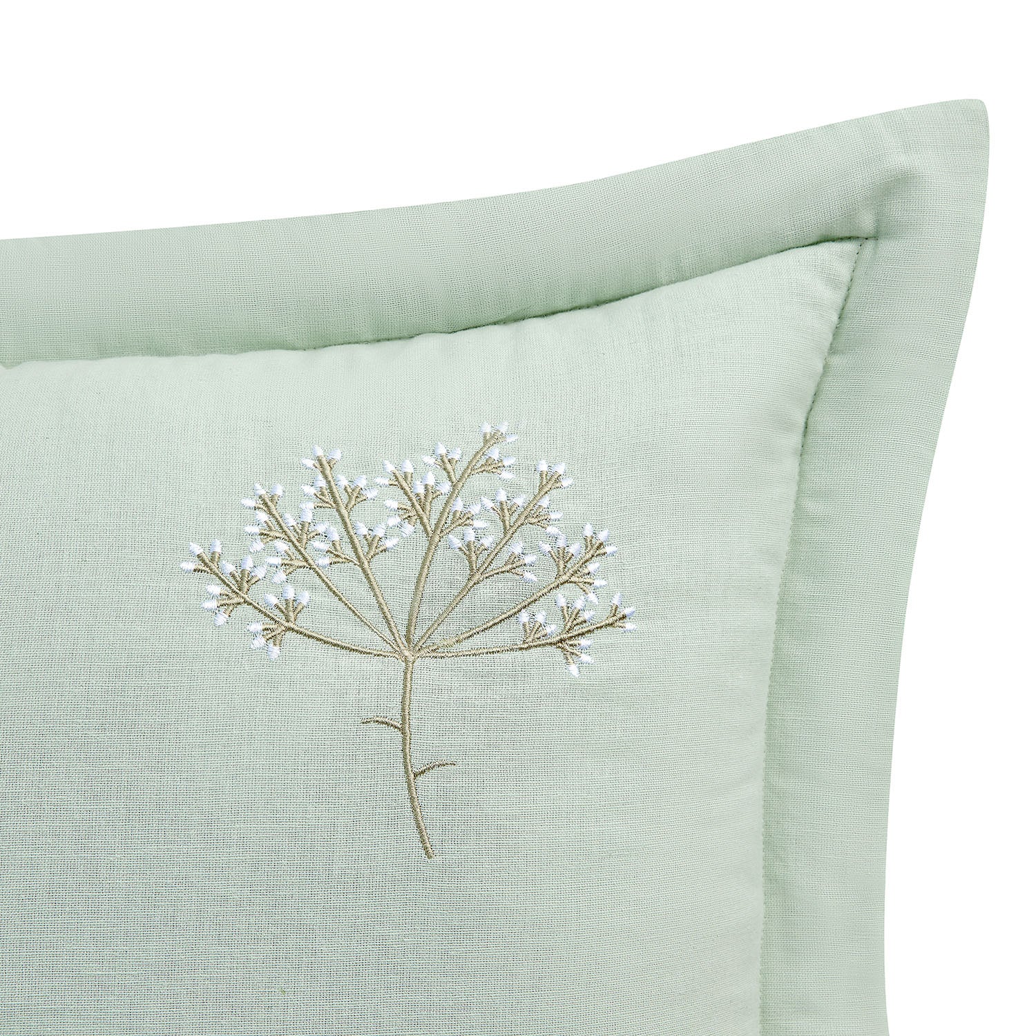 Meadow Seafoam Green Sprig Embroidered Quilted Linen Blend Continental Square Pillowcases - Pair - Image 2
