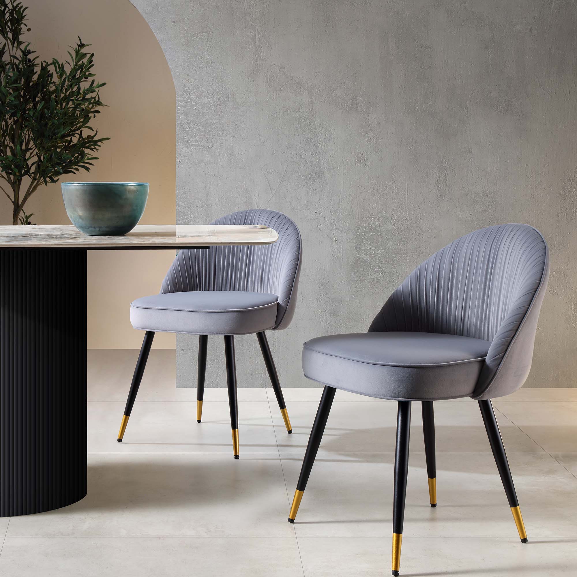 Miyae Set of 2 Pleated Light Grey Velvet Upholstered Dining Chairs