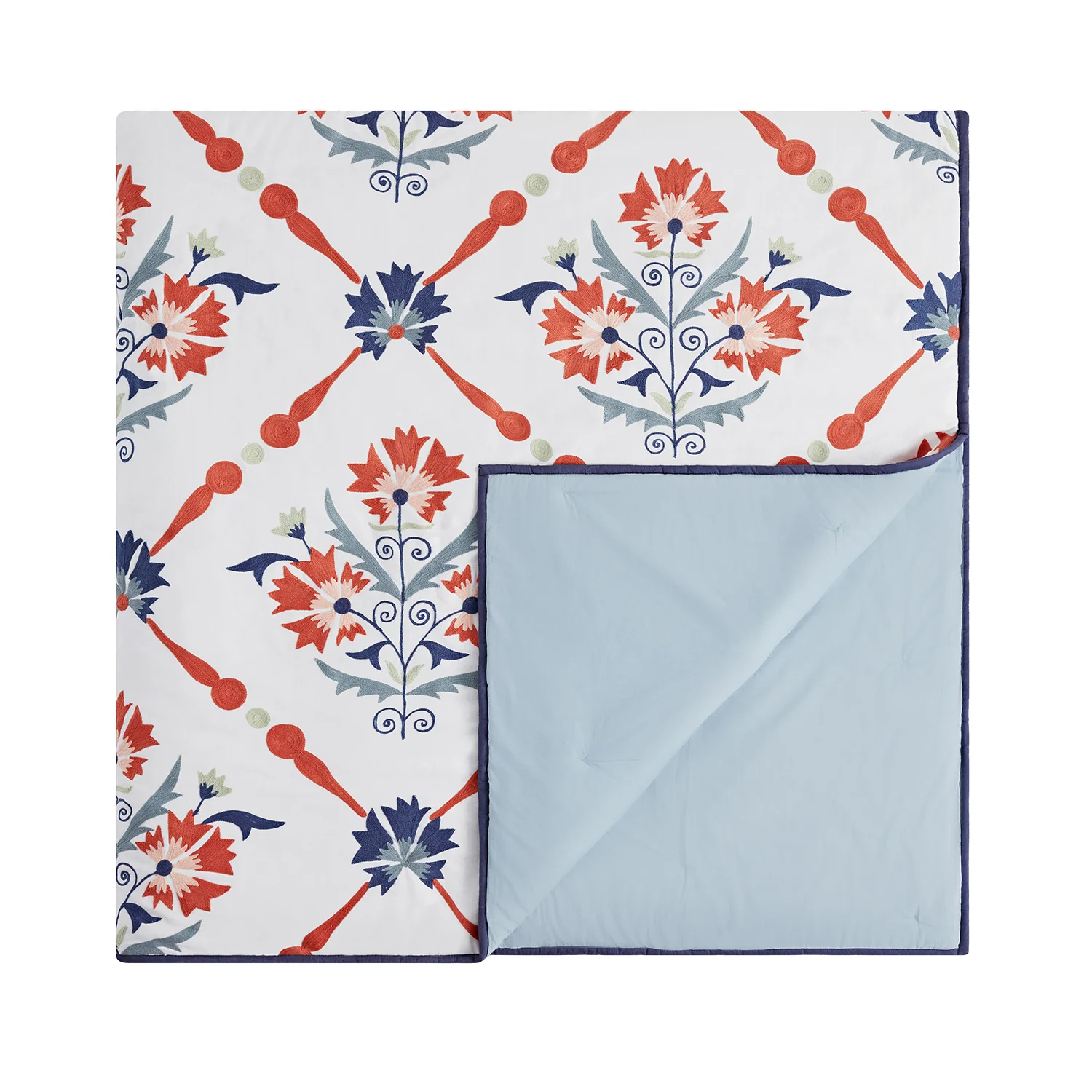 Paloma Burnt Terracotta Orange & Blue Floral Embroidered Quilted Cotton Bedspread
