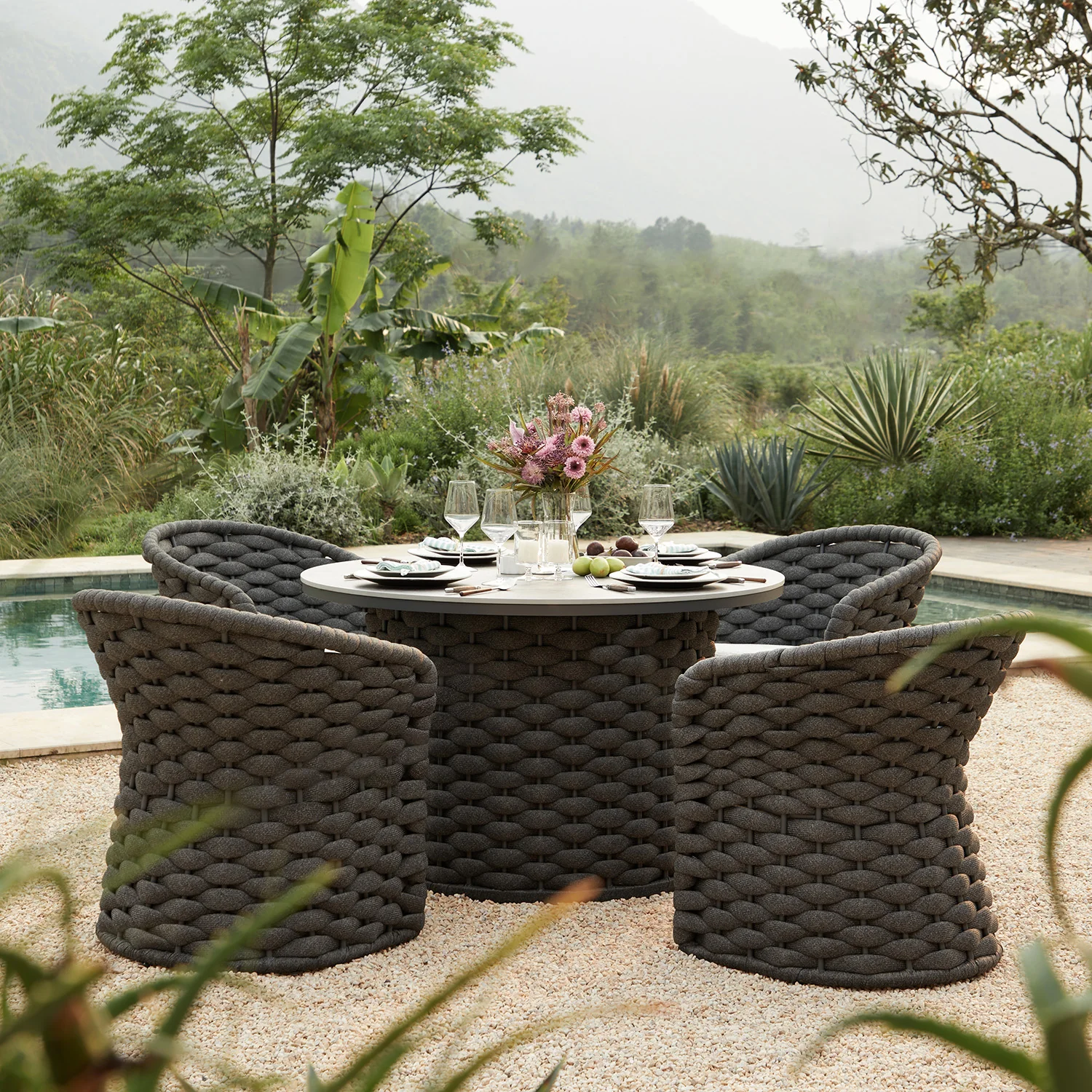 Positano Wide Rope 4-Seater Round Dining Set, Grey - Image 2