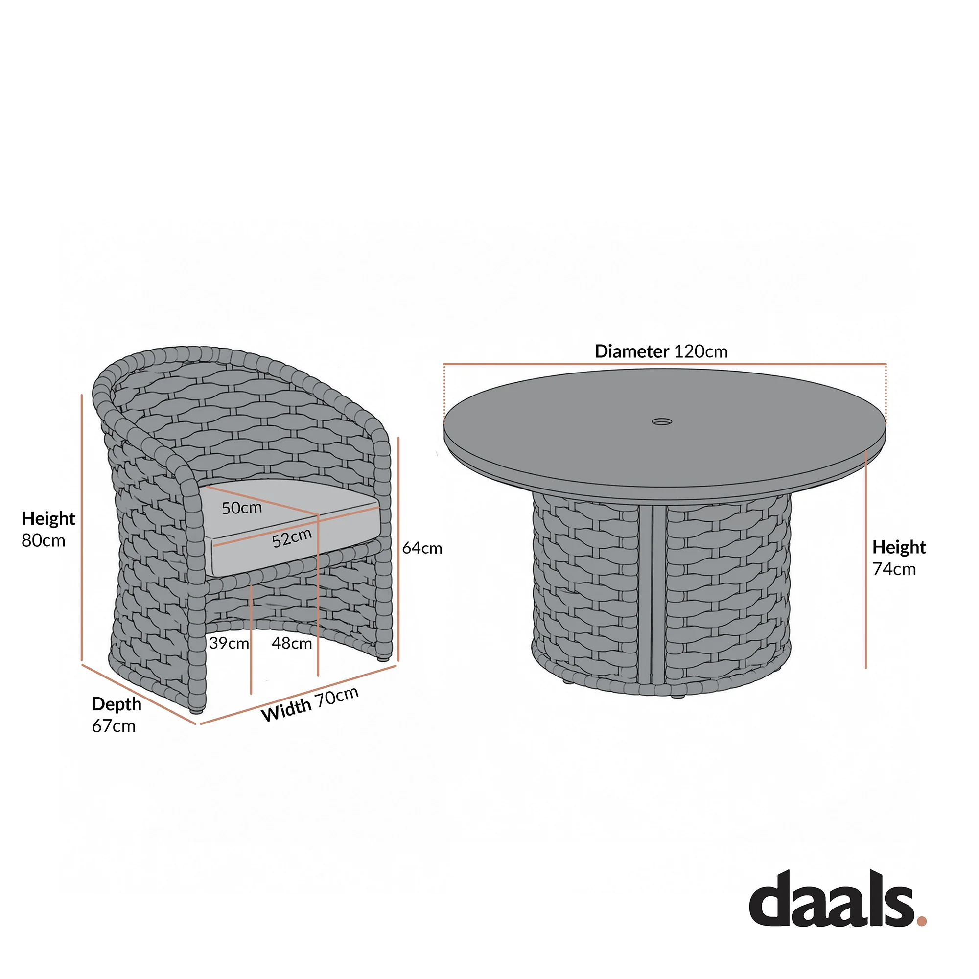 Positano Wide Rope 4-Seater Round Dining Set, Grey - Image 12
