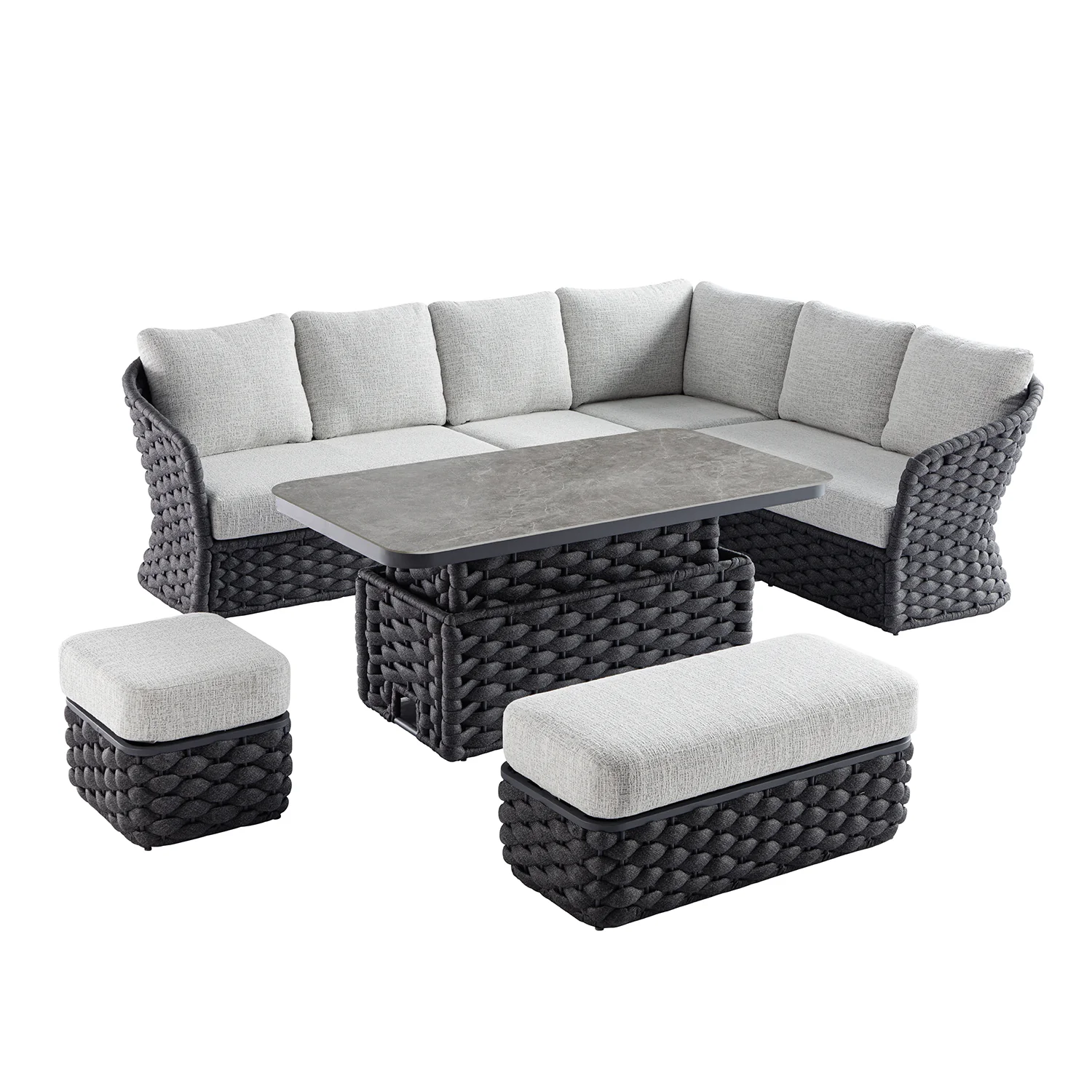 Positano Wide Rope Large Corner Casual Dining Set | Rising Table, Grey