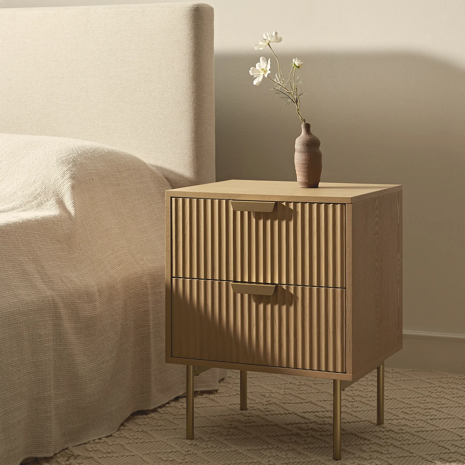 Richmond Ridged 2 Drawer Bedside Table, Light Ash