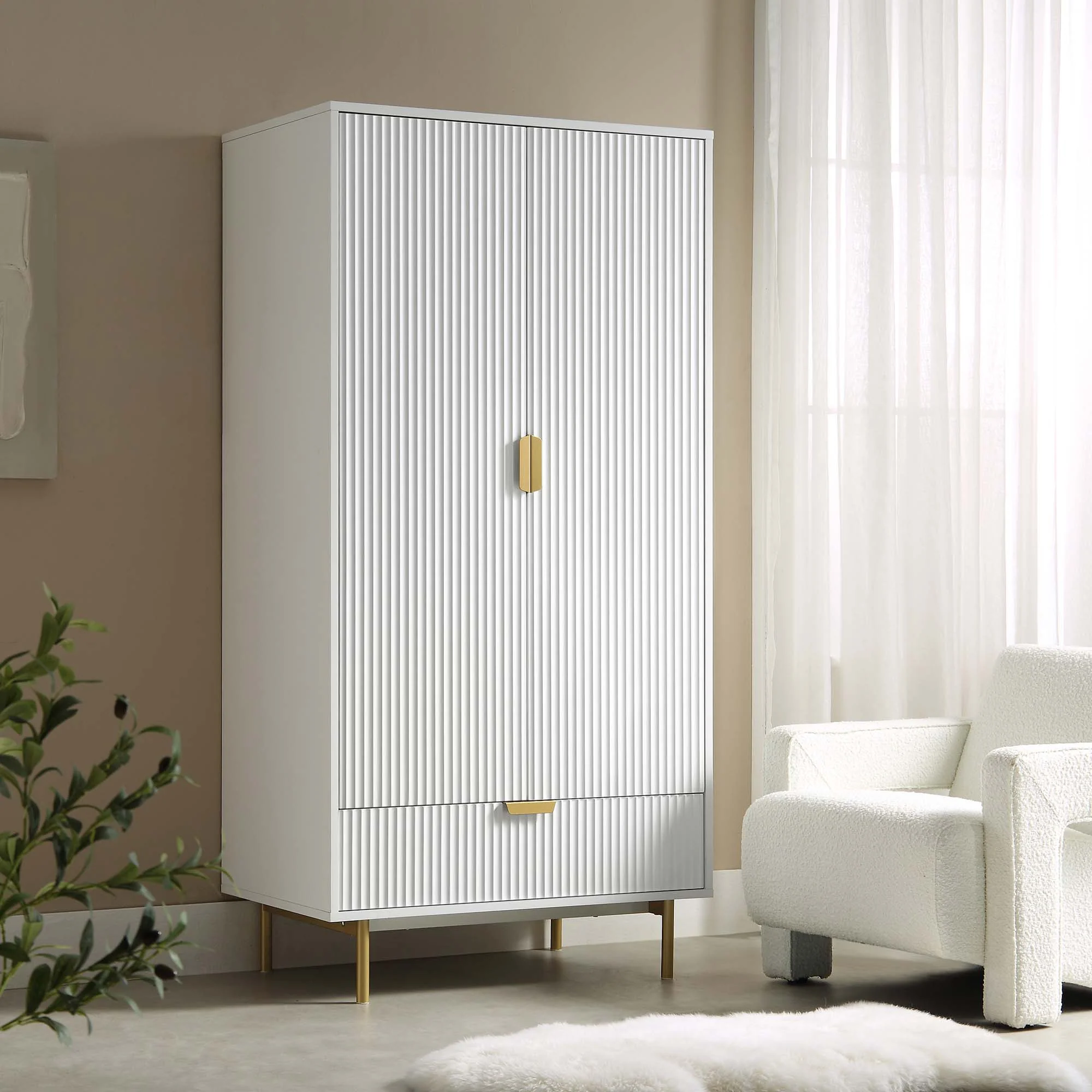 Richmond Ridged Double Wardrobe with Drawer, Matte White