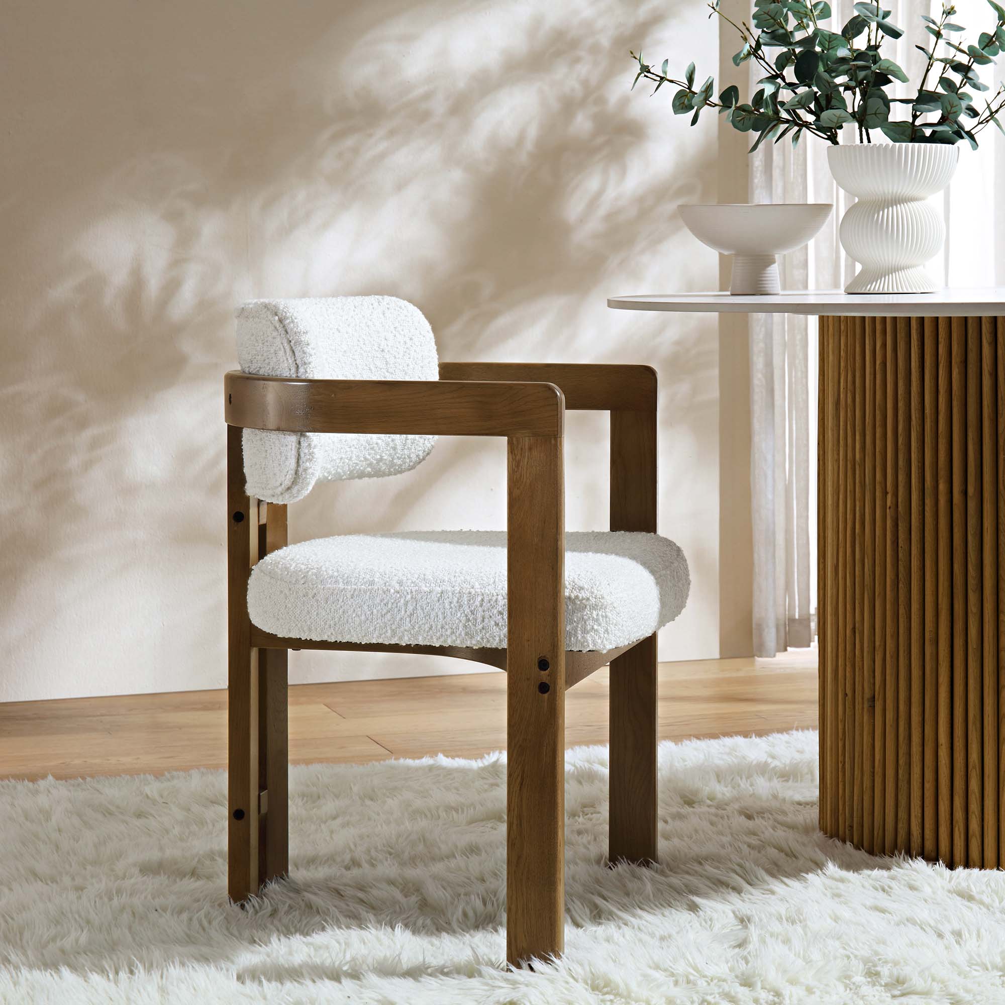 Stanford Curved Oak Frame Upholstered Chair, White Boucle Light Walnut Frame - Image 3