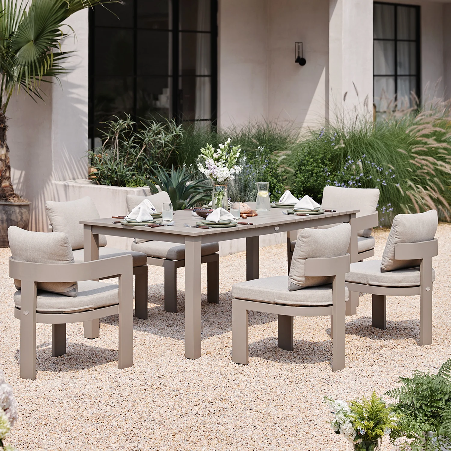 Stanford Outdoor 6-Seater Rectangular Dining Set, Taupe with Light Taupe Fabric