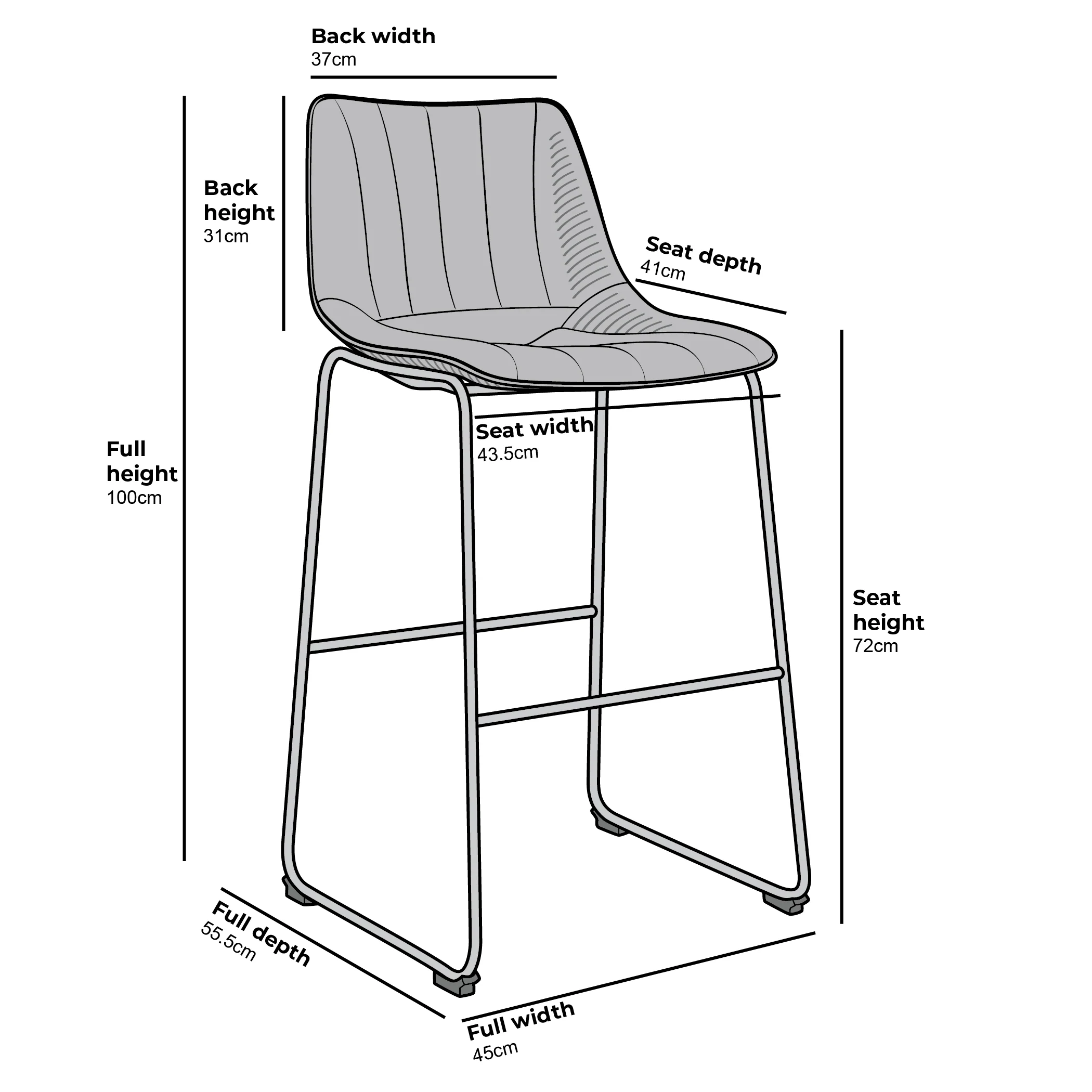 Sutton Set of 2 Bar Stools with Fluted Back (Blue Velvet) - Image 6