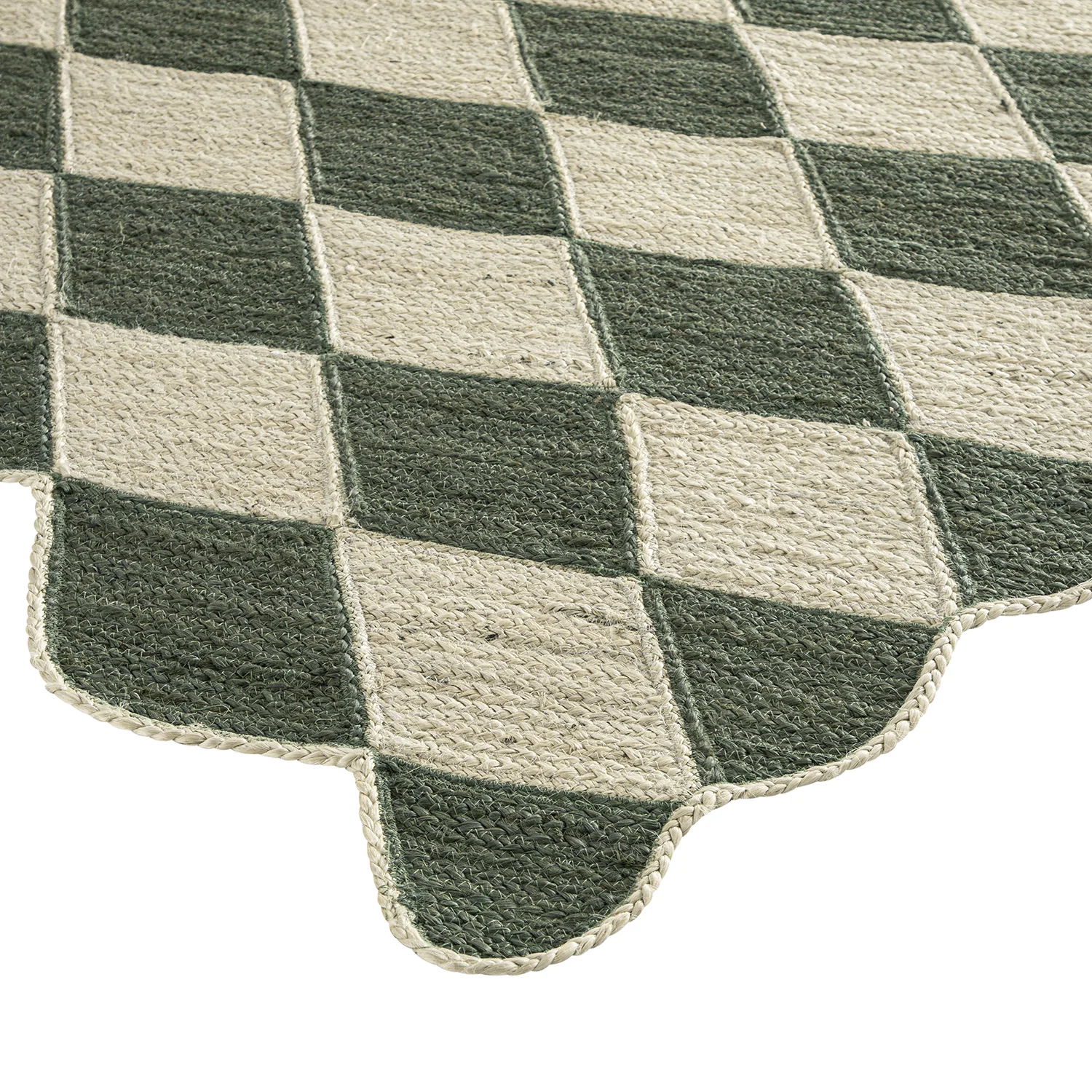 Tabitha Harlequin Diamond Scallop Olive Green & Bleached Jute Hand Braided Rug - Image 5