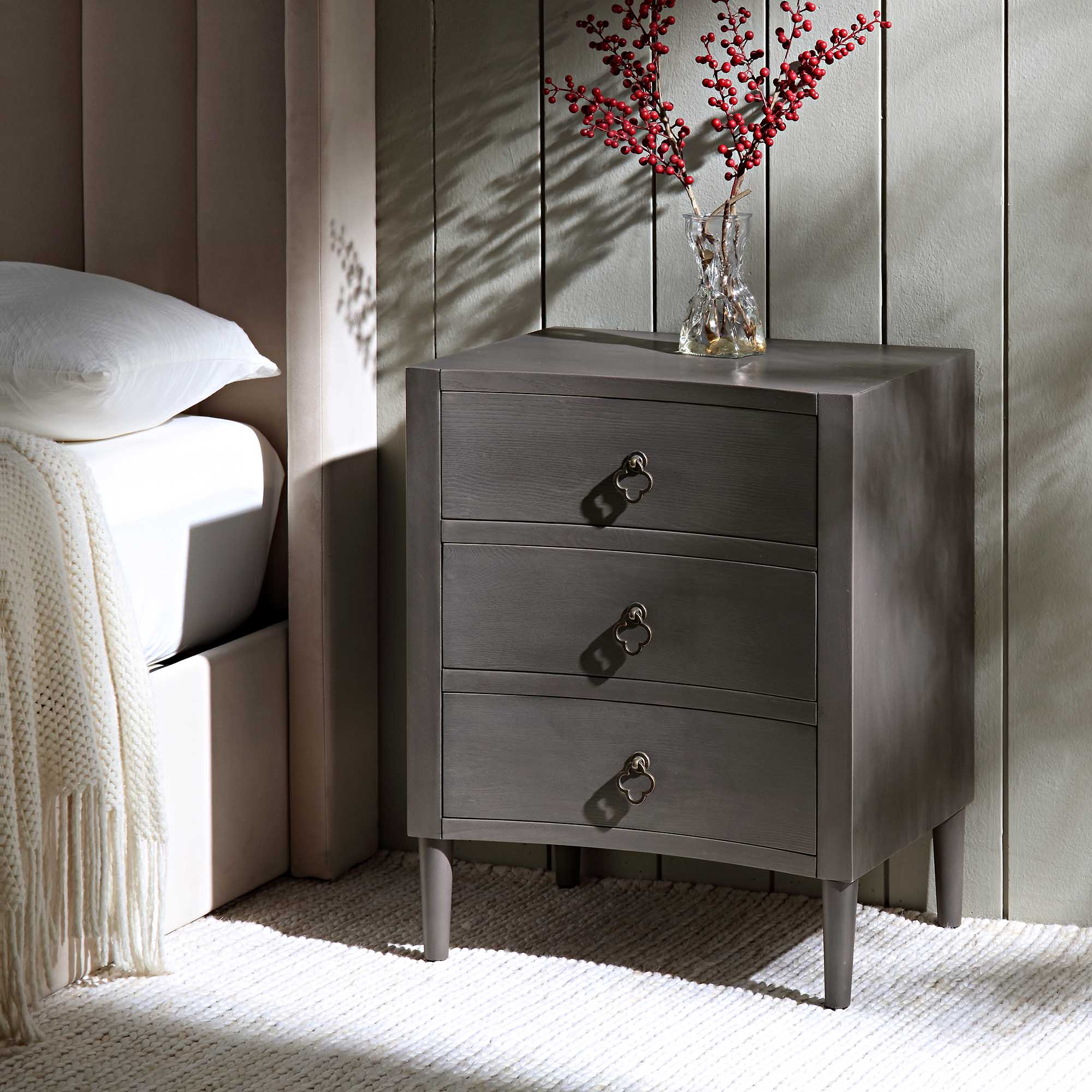 Thalia Concave 3 Drawer Bedside Table, Silver Oak