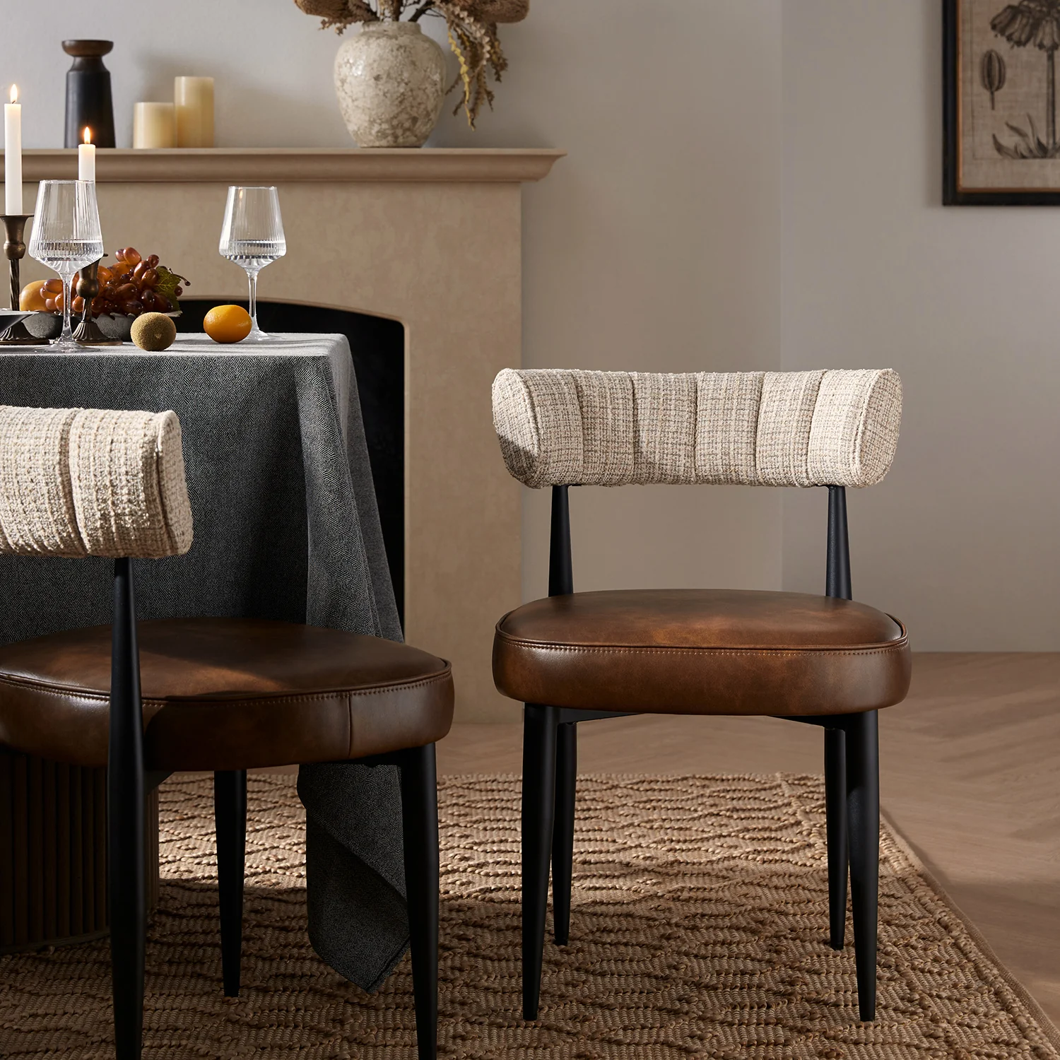 Wilna Set of 2 Dining Chairs, Beige Woven | Vintage Brown Faux Leather